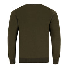 Carica l'immagine nel visualizzatore di Gallery, Olivgrüner Herren-Feinstrickpullover mit Rundhalsausschnitt, klassischem Design und elastischen Rippbündchen, aus Merino-Baumwoll-Mix.