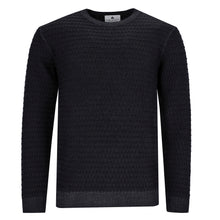 Lade das Bild in den Galerie-Viewer, Schwarzer Herrenpullover aus Merinowolle mit Rundhalsausschnitt, feiner Gitterstruktur und Vintage-Optik.