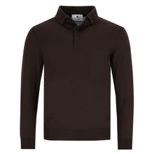 Carica l'immagine nel visualizzatore di Gallery, Dunkelbrauner Herren-Polopullover aus extrafeiner Merinowolle mit Button-down-Kragen, eingestrickter Knopfleiste und Rippbündchen.
