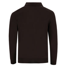Carica l'immagine nel visualizzatore di Gallery, Dunkelbrauner Herren-Polopullover aus extrafeiner Merinowolle mit Button-down-Kragen, eingestrickter Knopfleiste und Rippbündchen.