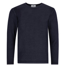 Lade das Bild in den Galerie-Viewer, Dunkelblauer Herren-Feinstrickpullover mit Rundhalsausschnitt, elastischen Rippbündchen und Vintage-Finish, aus reiner Merinowolle.