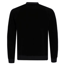Lade das Bild in den Galerie-Viewer, Schwarze Herren-Collegejacke im Letterman-Stil aus weichem Chenille mit Blouson-Kragen, Raglanärmeln und Reißverschluss, verziert mit roten Initialen auf der Brust.