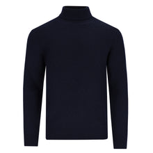 Carica l'immagine nel visualizzatore di Gallery, Dunkelblauer Rollkragenpullover für Herren mit diagonaler Strickstruktur, schmaler Passform und gefertigt aus Merino-Cashmere-Mix.