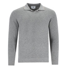 Load image into Gallery viewer, Hellgrauer Polopullover für Herren aus Bouclé-Baumwollmischung mit kurzem Reißverschluss, Polokragen und elastischen Rippbündchen.
