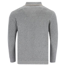 Load image into Gallery viewer, Hellgrauer Polopullover für Herren aus Bouclé-Baumwollmischung mit kurzem Reißverschluss, Polokragen und elastischen Rippbündchen.