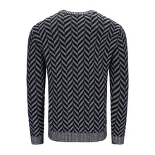 Carica l'immagine nel visualizzatore di Gallery, Schwarzer Herrenpullover aus extrafeiner Merinowolle mit ikonischem Chevron-Jacquard-Muster und Rippbündchen in Vanisé-Optik.