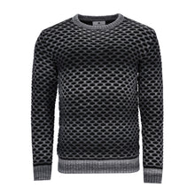 Carica l'immagine nel visualizzatore di Gallery, Schwarz-grauer Herrenpullover mit Rundhalsausschnitt, grafischer Gitterstruktur und sanftem Dégradé-Effekt, gefertigt aus strapazierfähiger Wollmischung.