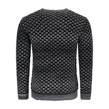 Carica l'immagine nel visualizzatore di Gallery, Schwarz-grauer Herrenpullover mit Rundhalsausschnitt, grafischer Gitterstruktur und sanftem Dégradé-Effekt, gefertigt aus strapazierfähiger Wollmischung.