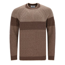Carica l'immagine nel visualizzatore di Gallery, Braun-beiger Cashmere-Pullover für Herren mit zweifarbiger Rippenstruktur, Rundhalsausschnitt und Raglanärmeln.