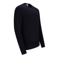 Lade das Bild in den Galerie-Viewer, Schwarzer Herren-Feinstrickpullover aus 100 % Merinowolle mit Rundhalsausschnitt und elastischen Rippbündchen im Vintage-Look.