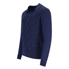Lade das Bild in den Galerie-Viewer, Dunkelblauer Polopullover für Herren mit kurzem V-Ausschnitt, Polokragen und feiner Onion-Struktur, gefertigt aus Merinowolle-Baumwoll-Mix
