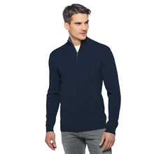 Lade das Bild in den Galerie-Viewer, Quarter Zip Pure Cashmere Pullover LEONELLO aus 100 % Kaschmir, mit Zipper-Kragen und farblich abgesetztem Kontrast, in Dunkelblau.