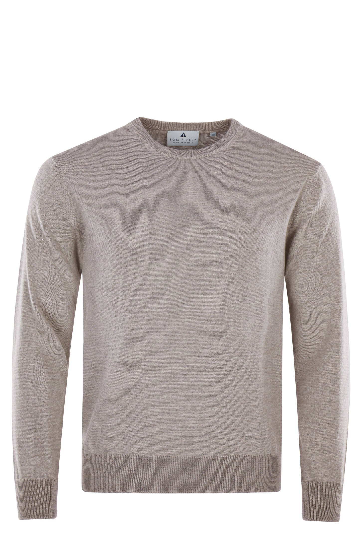 Hellgrauer Herrenpullover mit Rundhalsausschnitt, feiner Strickstruktur und elastischen Rippbündchen, außen Merinowolle und innen Baumwolle.