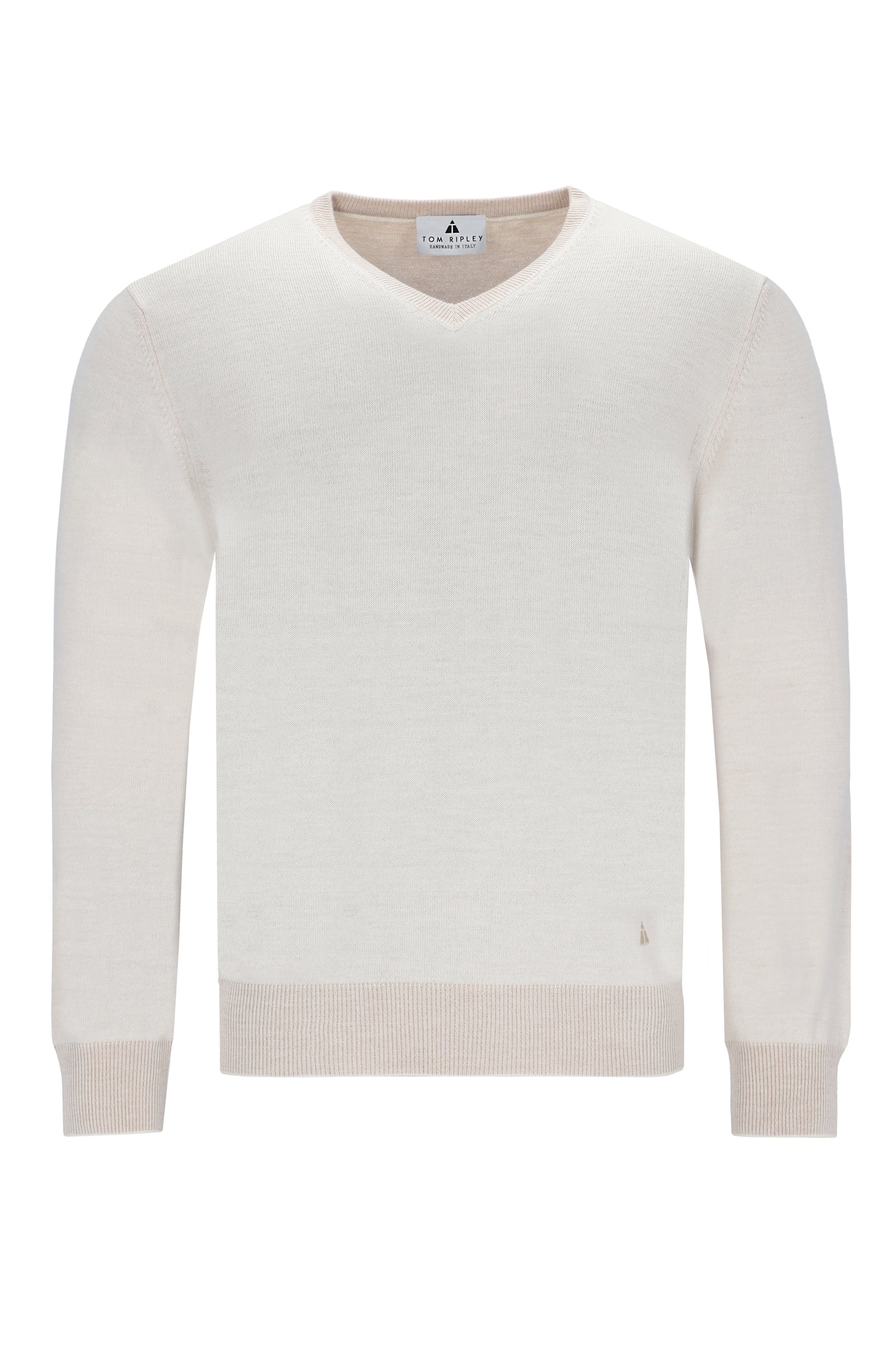 Beiger Herrenpullover mit V-Ausschnitt, aus Merinowolle außen und Baumwolle innen, mit feiner Strickstruktur und Rippbündchen.