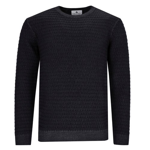 Schwarzer Herrenpullover aus Merinowolle mit Rundhalsausschnitt, feiner Gitterstruktur und Vintage-Optik.