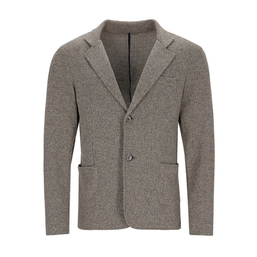 Beiger Herren-Sweatblazer aus weicher Baumwolle mit Reverskragen, einreihiger Knopfleiste und sportlich-elegantem Minimal-Design.