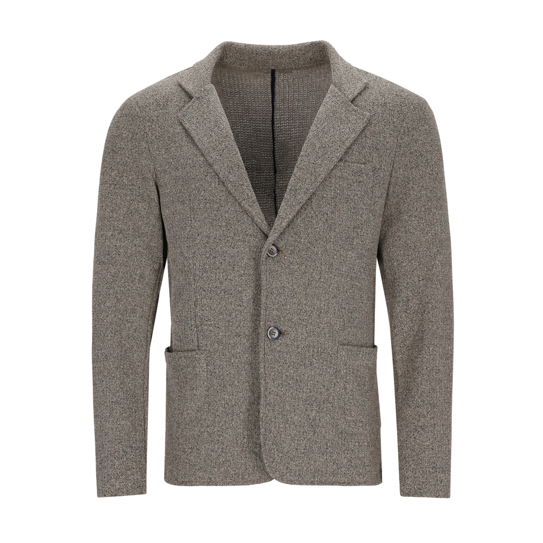 Beiger Herren-Sweatblazer aus weicher Baumwolle mit Reverskragen, einreihiger Knopfleiste und sportlich-elegantem Minimal-Design.