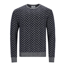 Lade das Bild in den Galerie-Viewer, Schwarzer Herrenpullover aus extrafeiner Merinowolle mit ikonischem Chevron-Jacquard-Muster und Rippbündchen in Vanisé-Optik.
