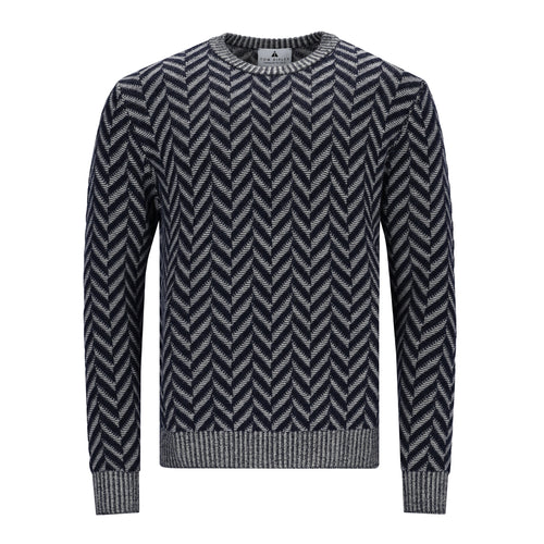 Schwarzer Herrenpullover aus extrafeiner Merinowolle mit ikonischem Chevron-Jacquard-Muster und Rippbündchen in Vanisé-Optik.