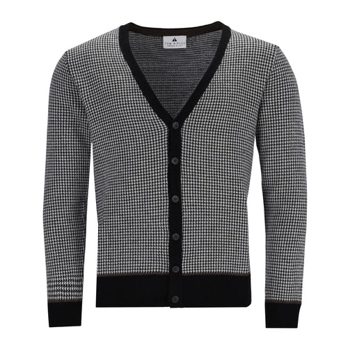 Schwarz-weißer V-Neck Cardigan für Herren mit Hahnentritt-Muster, Knopfleiste und Kontrastdetails, aus weicher Merinowolle gefertigt.