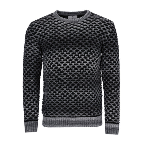 Schwarz-grauer Herrenpullover mit Rundhalsausschnitt, grafischer Gitterstruktur und sanftem Dégradé-Effekt, gefertigt aus strapazierfähiger Wollmischung.