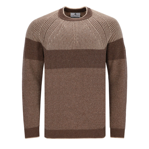Braun-beiger Cashmere-Pullover für Herren mit zweifarbiger Rippenstruktur, Rundhalsausschnitt und Raglanärmeln.