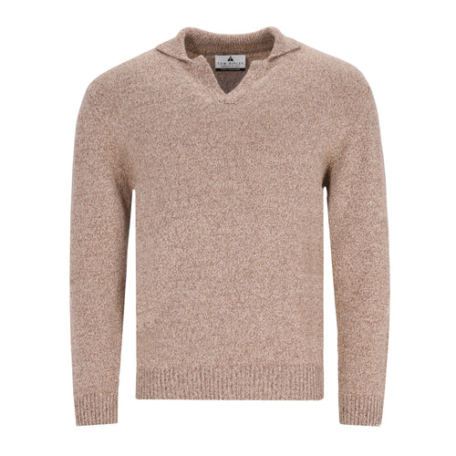 Beiger Cashmere-Polopullover für Herren mit kurzem V-Ausschnitt, Polokragen und gerippten Bündchen, aus recyceltem Second Life-Cashmere.