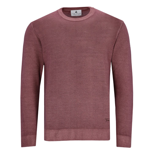 Feinstrickpullover für Herren in Altrosa mit Rundhalsausschnitt, elastischen Rippbündchen und Vintage-Fade-Out-Effekt, aus 100 % Merinowolle.