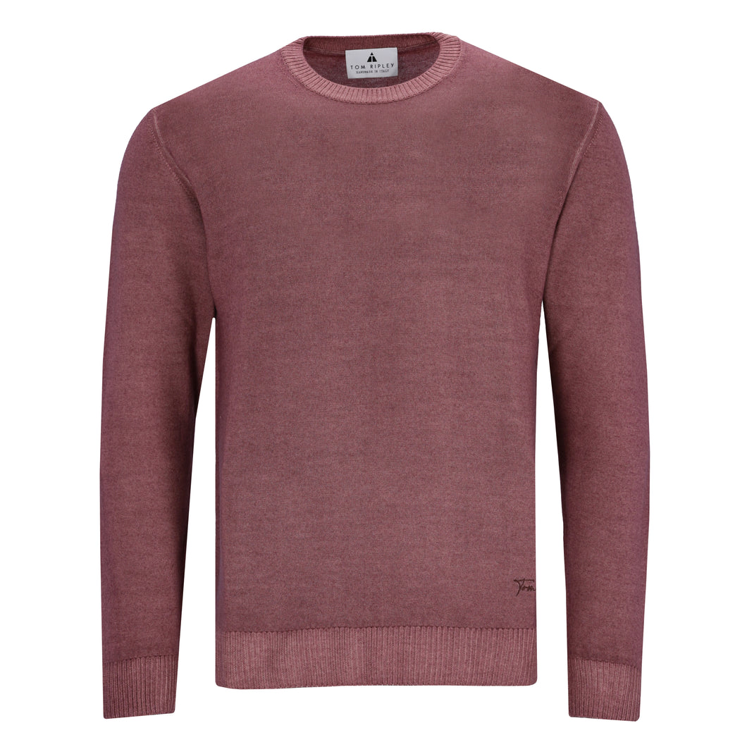 Feinstrickpullover für Herren in Altrosa mit Rundhalsausschnitt, elastischen Rippbündchen und Vintage-Fade-Out-Effekt, aus 100 % Merinowolle.