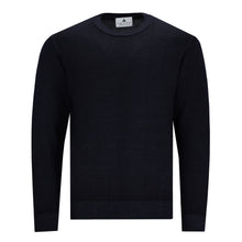 Lade das Bild in den Galerie-Viewer, Schwarzer Herren-Feinstrickpullover aus 100 % Merinowolle mit Rundhalsausschnitt und elastischen Rippbündchen im Vintage-Look.
