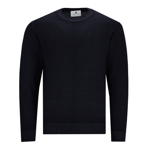 Schwarzer Herren-Feinstrickpullover aus 100 % Merinowolle mit Rundhalsausschnitt und elastischen Rippbündchen im Vintage-Look.