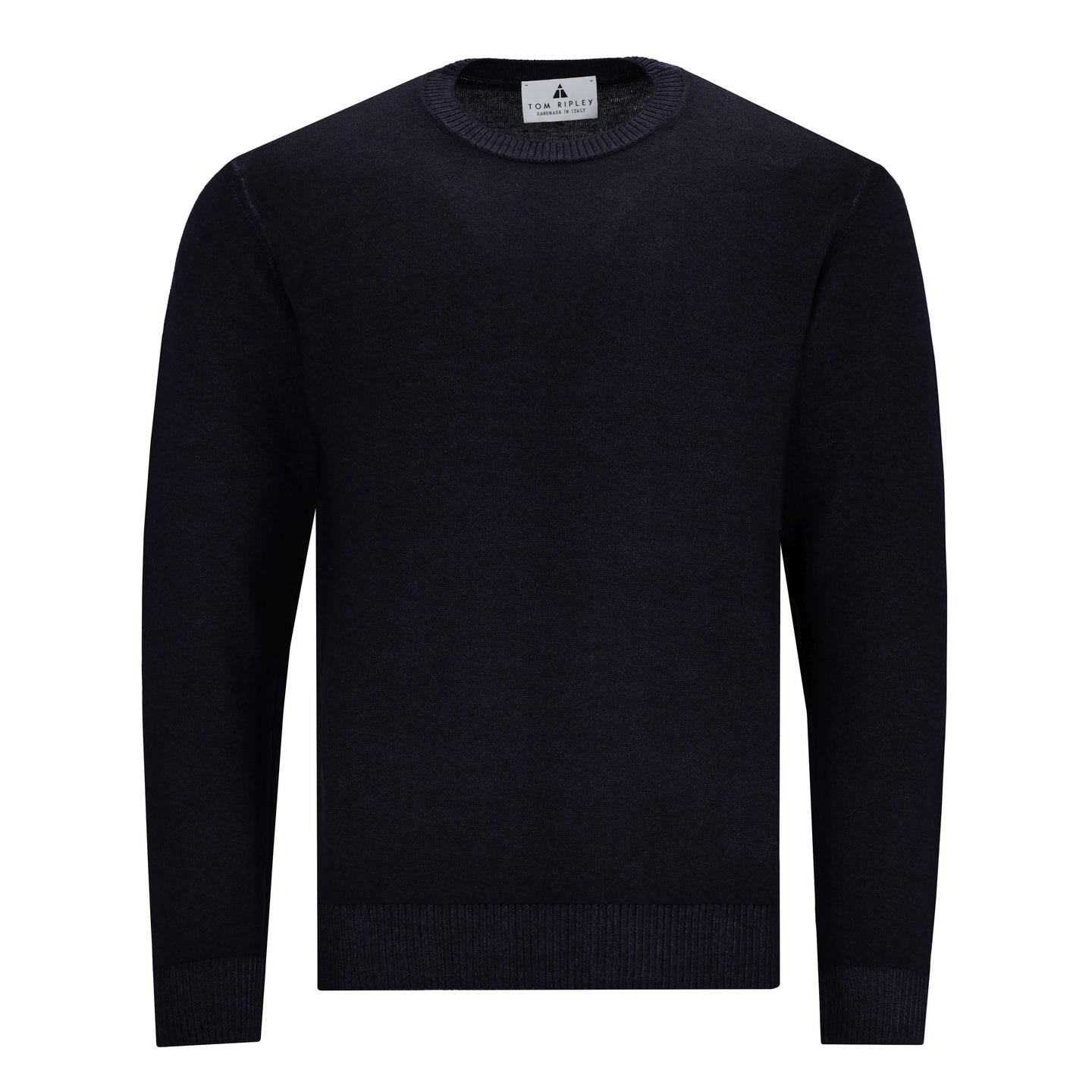 Schwarzer Herren-Feinstrickpullover aus 100 % Merinowolle mit Rundhalsausschnitt und elastischen Rippbündchen im Vintage-Look.