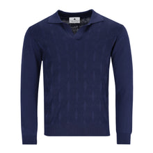 Lade das Bild in den Galerie-Viewer, Dunkelblauer Polopullover für Herren mit kurzem V-Ausschnitt, Polokragen und feiner Onion-Struktur, gefertigt aus Merinowolle-Baumwoll-Mix
