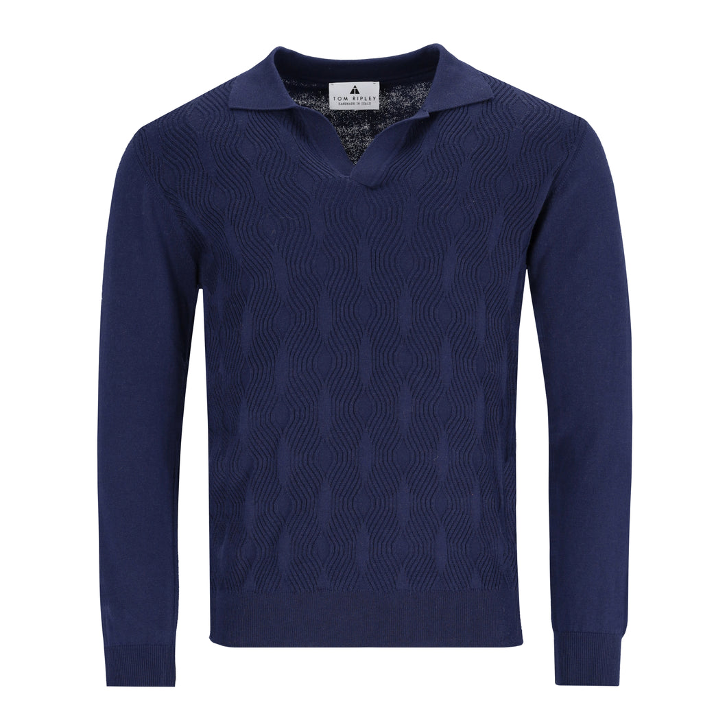 Dunkelblauer Polopullover für Herren mit kurzem V-Ausschnitt, Polokragen und feiner Onion-Struktur, gefertigt aus Merinowolle-Baumwoll-Mix