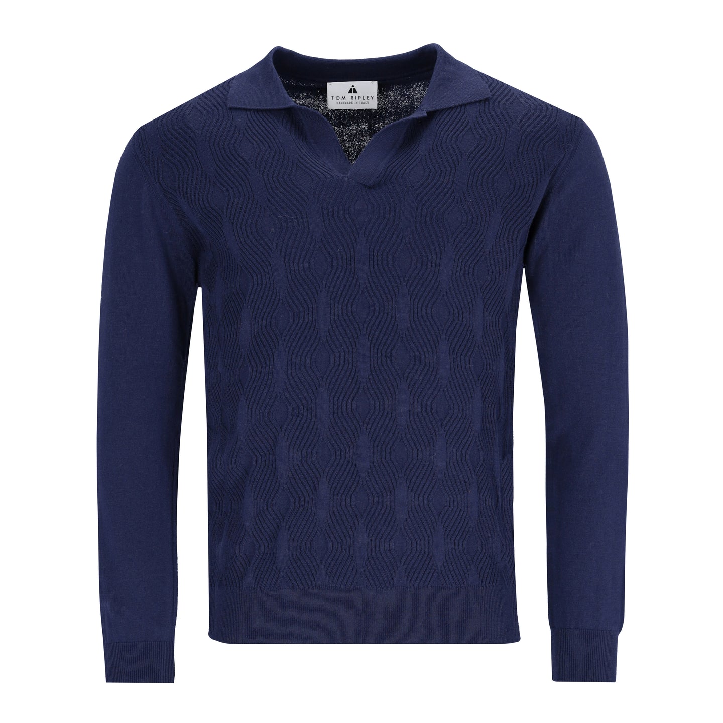 Dunkelblauer Polopullover für Herren mit kurzem V-Ausschnitt, Polokragen und feiner Onion-Struktur, gefertigt aus Merinowolle-Baumwoll-Mix