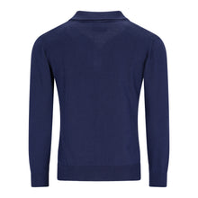 Lade das Bild in den Galerie-Viewer, Dunkelblauer Polopullover für Herren mit kurzem V-Ausschnitt, Polokragen und feiner Onion-Struktur, gefertigt aus Merinowolle-Baumwoll-Mix

