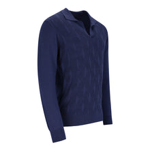 Lade das Bild in den Galerie-Viewer, Dunkelblauer Polopullover für Herren mit kurzem V-Ausschnitt, Polokragen und feiner Onion-Struktur, gefertigt aus Merinowolle-Baumwoll-Mix.
