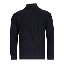 Lade das Bild in den Galerie-Viewer, Dunkelblauer Rollkragenpullover für Herren mit gleichmäßiger Rippenstruktur und Raglanärmeln, gefertigt aus extrafeiner Merinowolle.
