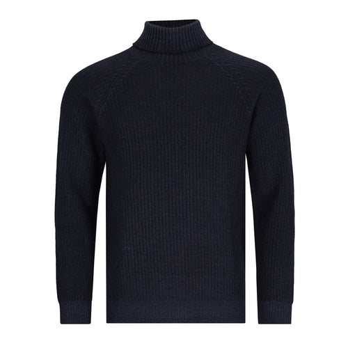 Dunkelblauer Rollkragenpullover für Herren mit gleichmäßiger Rippenstruktur und Raglanärmeln, gefertigt aus extrafeiner Merinowolle.
