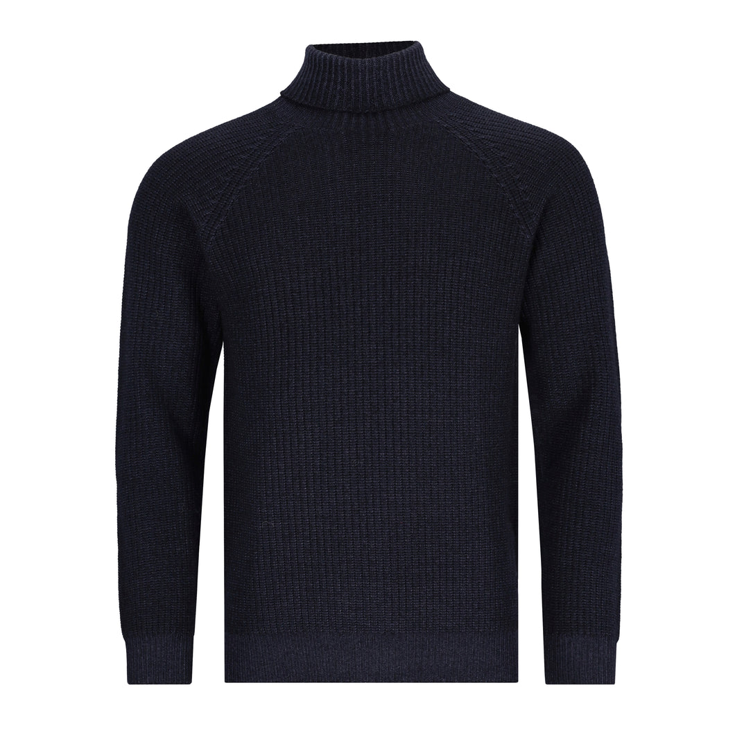 Dunkelblauer Rollkragenpullover für Herren mit gleichmäßiger Rippenstruktur und Raglanärmeln, gefertigt aus extrafeiner Merinowolle.