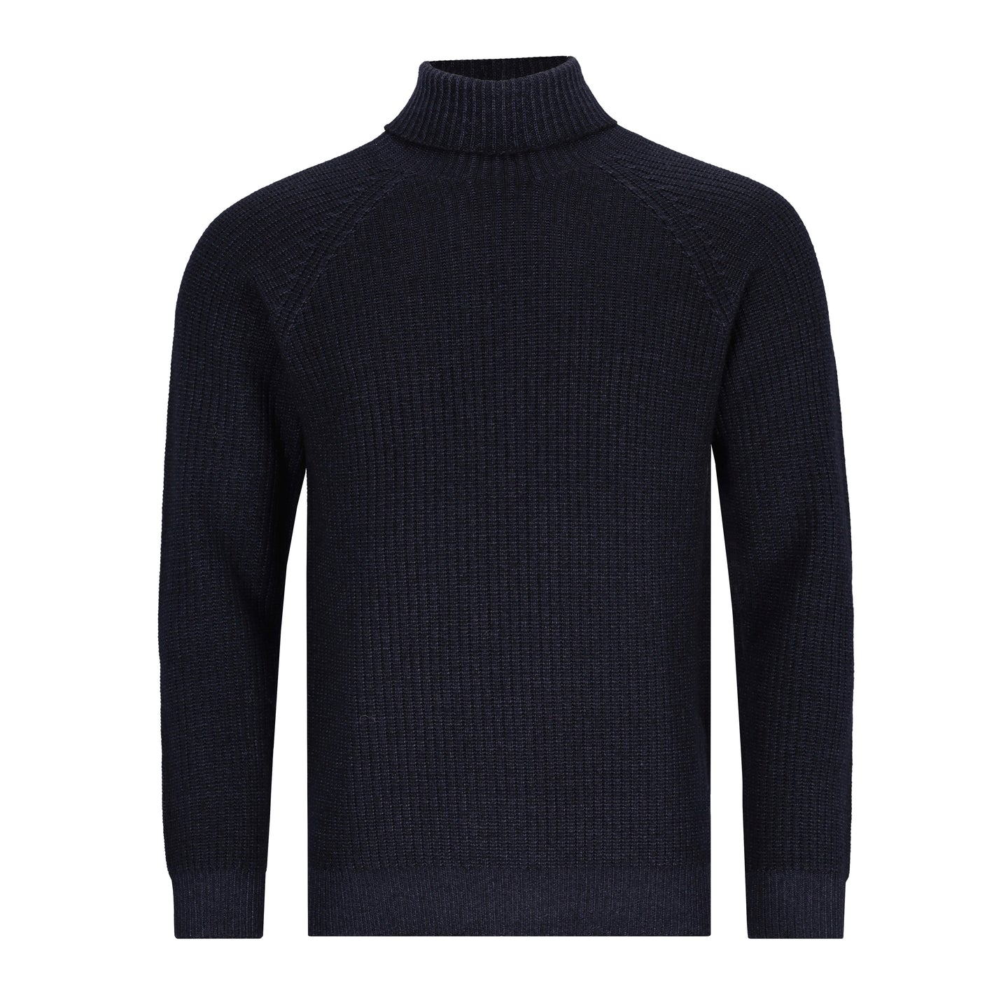 Dunkelblauer Rollkragenpullover für Herren mit gleichmäßiger Rippenstruktur und Raglanärmeln, gefertigt aus extrafeiner Merinowolle.